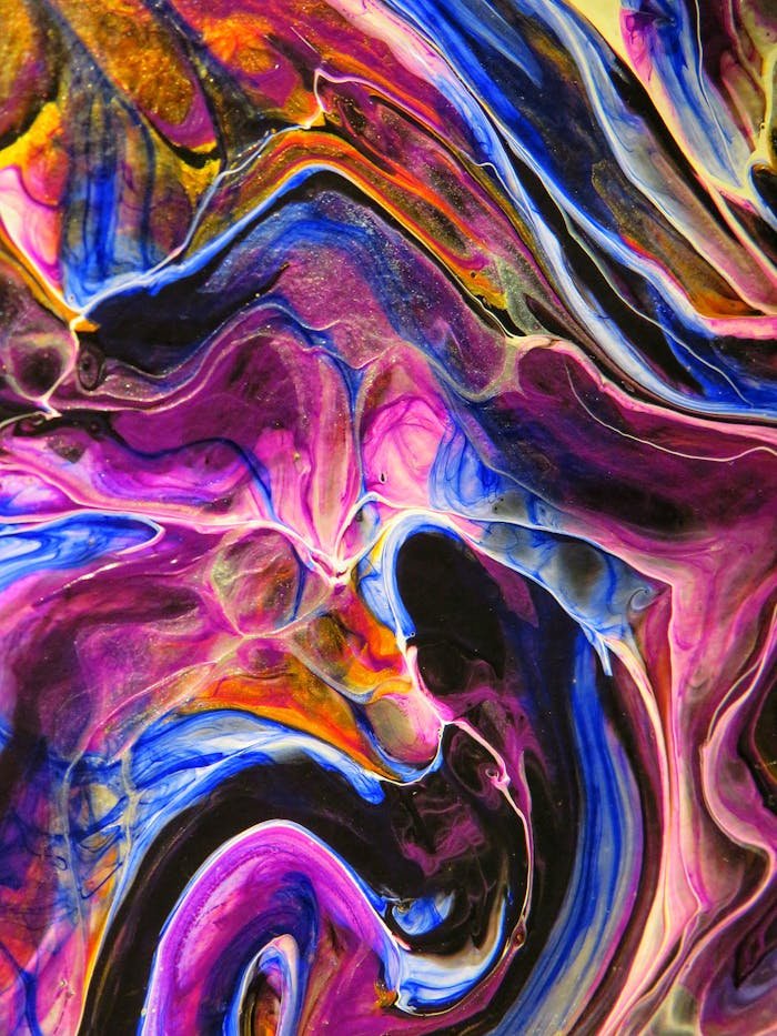 gallery-01 Dynamic and colorful abstract fluid art painting with vivid colors and swirling patterns.